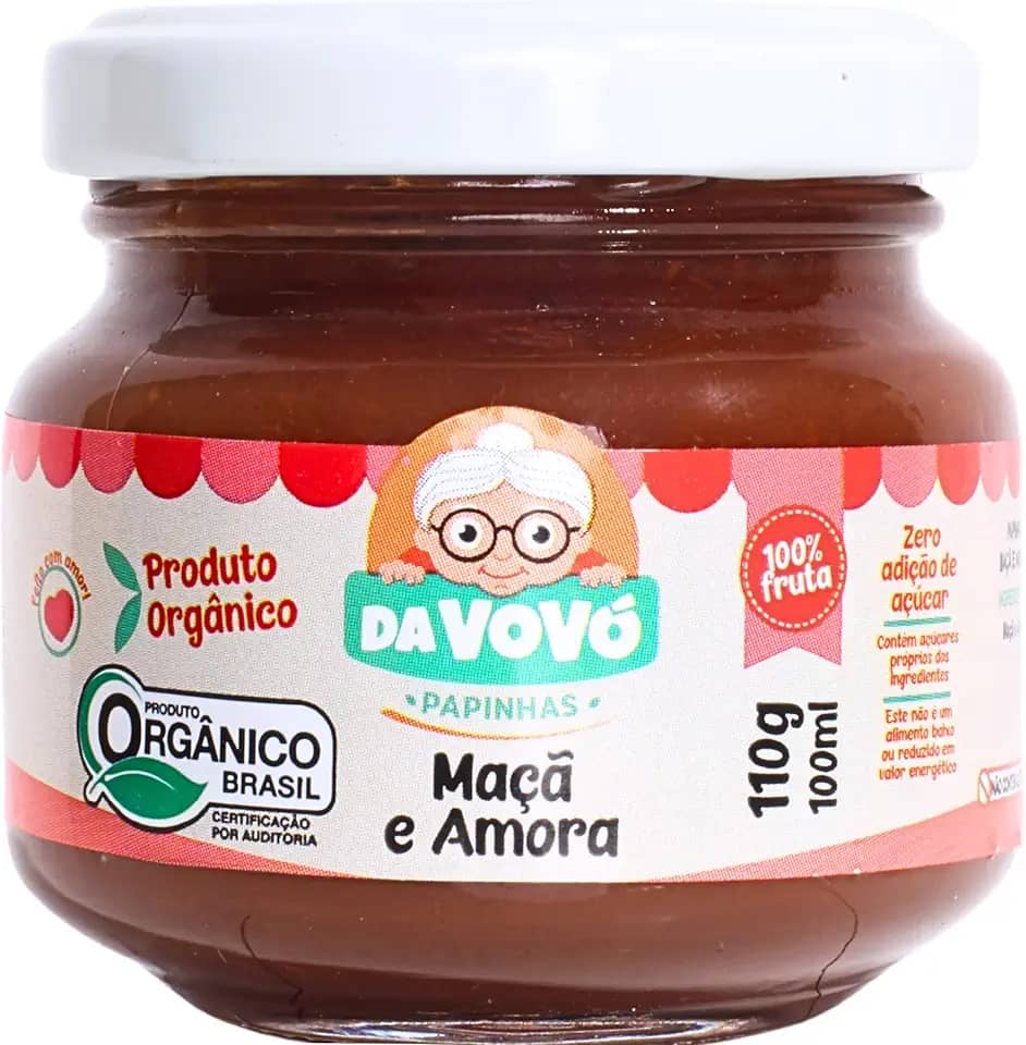 Da Vovó, Papinha infantil de Frutas, 100% Fruta, Orgânica, Sabor Maça e Amora, 100ml
