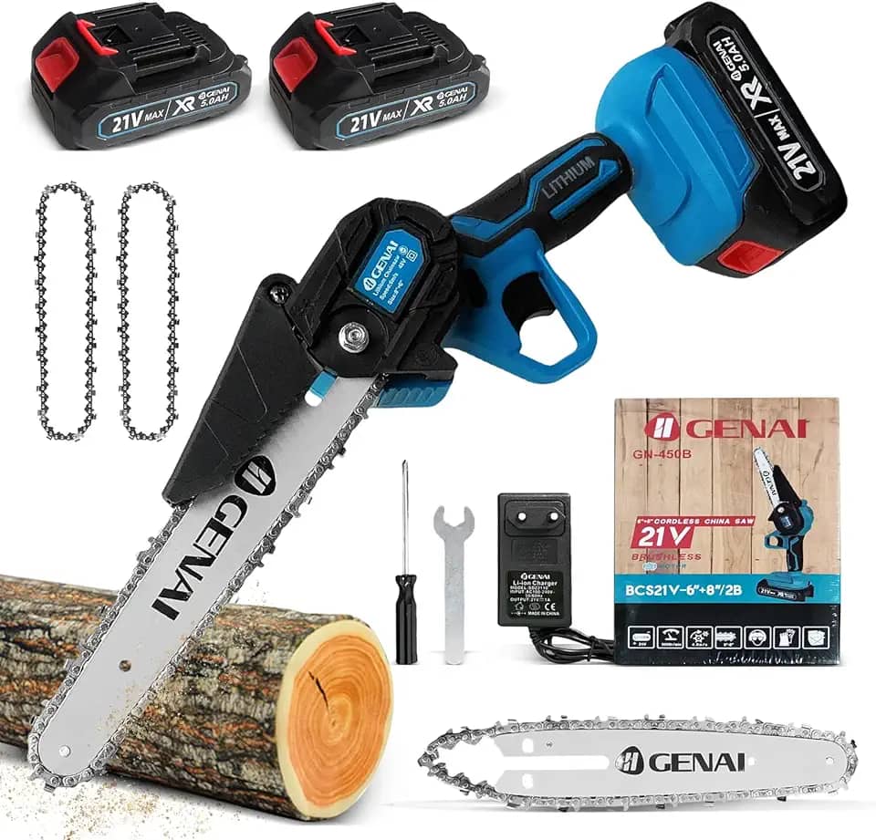 Mini Motosserra Elétrica a Bateria 21V, Serra Eletrica Portatil com Lâmina Serra 6''e 8', 2 1500mAh Bateria, Motoserra para Poda de Galhos e Corte de Madeira