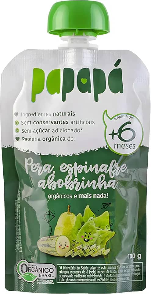 Papapá, Papinha infantil, Orgânico, Sabor Pêra, Espinafre & Abobrinha, 100g, Verde
