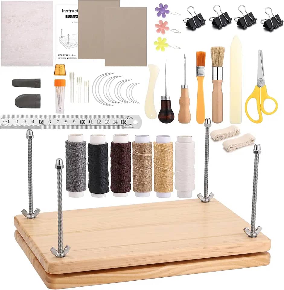 Yoption 53 kits de encadernação de livros, prensa de livros de madeira 29 x 19 cm, materiais de encadernação de livros com pasta de osso, furador, agulhas, linha encerada para encadernação de livros