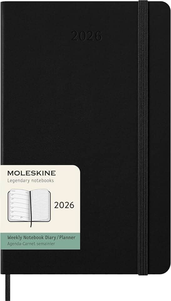 Moleskine Classic 12 Month 2026 Weekly Planner, Hard Cover, Large (5" x 8.25"), Black, 144 pages