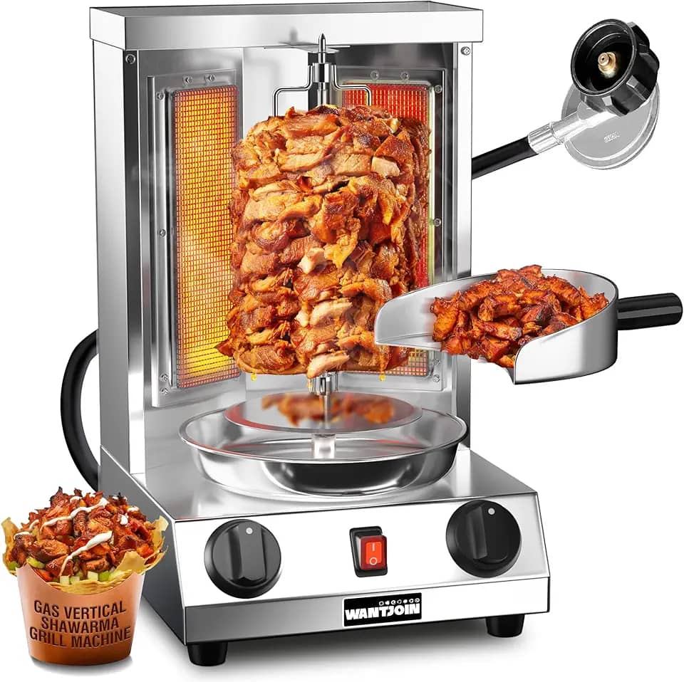 WantJoin Shawarma Grill Machine, churrasqueira vertical a gás com 2 queimadores para casa, máquina giratória de bancada Doner Kebab com pá, 29,5 x 30 x 48 cm, 110 V
