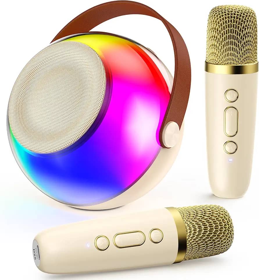 JYX Mini Karaokê Infantil, Caixa de Som Bluetooth Portátil com Microfone Sem Fio, Luzes LED Embutidas, Ideal para Exterior, Festas e Presentes,para Meninas e Meninos de 4~12+ Anos (Bege-2 MICS)
